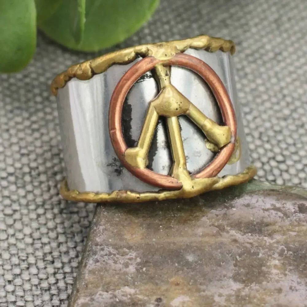 Mixed Metal Peace Sign Ring | Hammered Silver Band with Gold & Copper Boho Ring